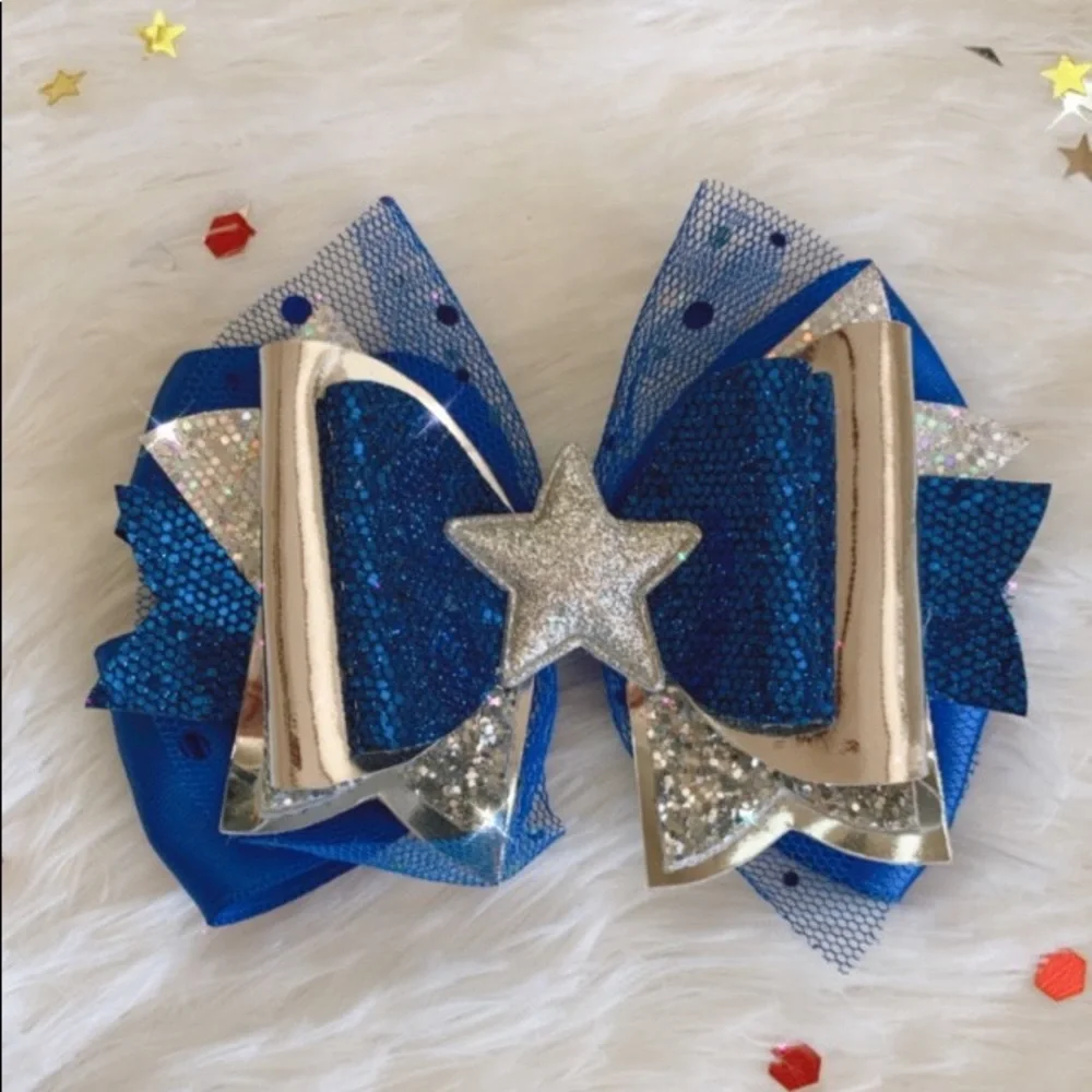 Handmade Star Hair Bow Kids Girls Blue Faux Leather